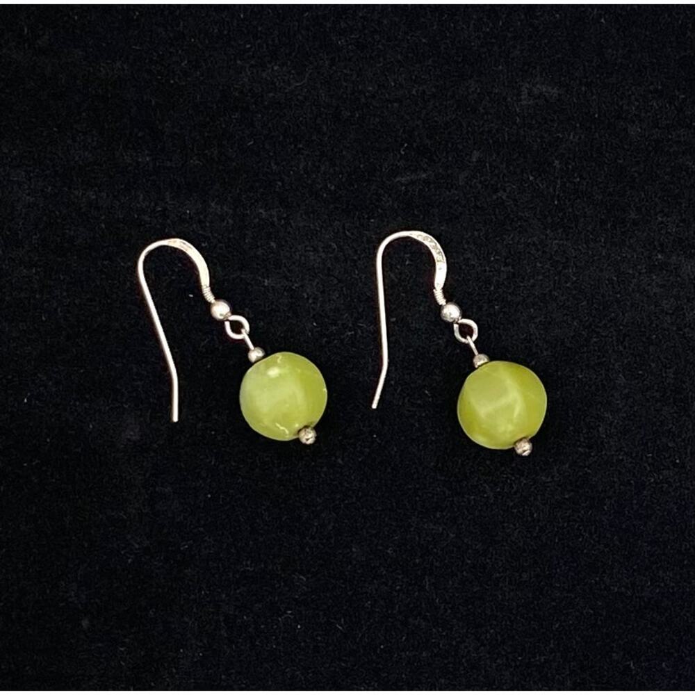 Vintage Sterling Silver Green Apple Nephrite Jade? Drop Earrings READ